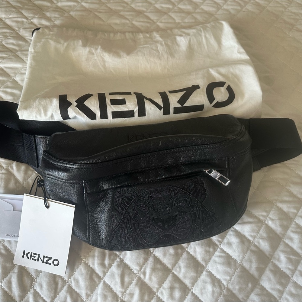 Kenzo Tiger Embroidered Black Leather Belt Bag